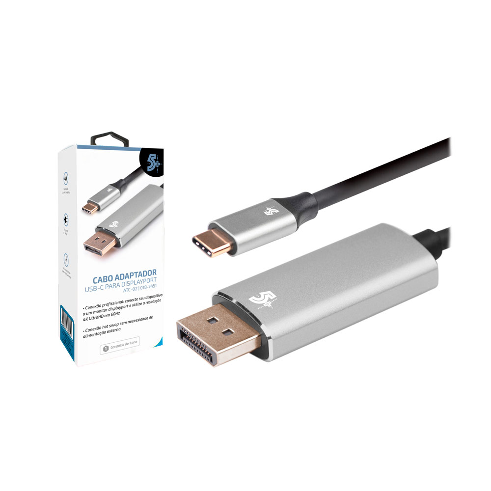 Cabo Conversor Adaptador USB-C para Displayport Macho 4K 5+, 1.8mt, Alumínio - 018-7451