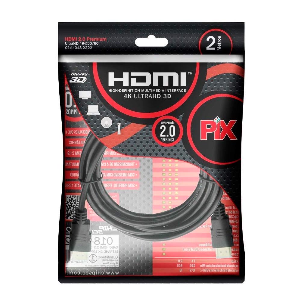 Cabo HDMI 2MT Pix Ultra HD 3D 2.0. 4K 19 Pinos  018-2222