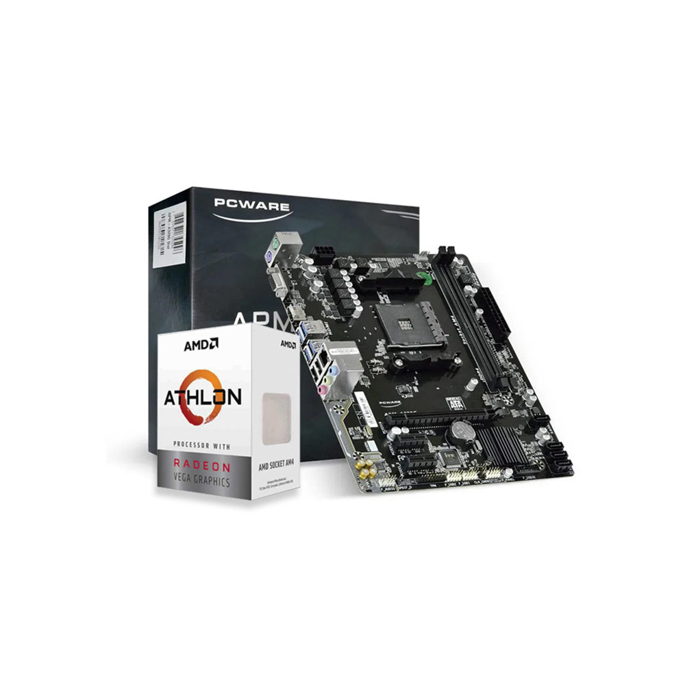 Kit Placa Mãe PcWare APM-A320G AM4 DDR4 + Processador AMD Athlon 3000G Two Core, 5MB, 3500MHz, AM4 YD3000C6FHBOX 