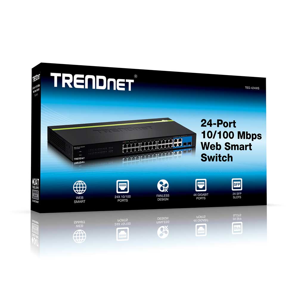 Switch TRENDnet 24Pt TEG-424WS Inteligente 10/100 Mbps 4 Pt Gigabit e 2 Slots Mini-GBIC