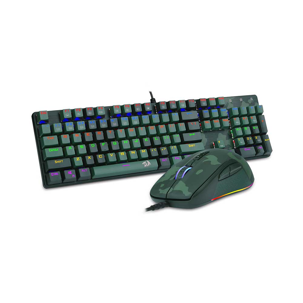 Kit Gamer Redragon S108 Light Green - Teclado Mecânico, Rainbow, Switch Outemu Blue, ANSI + Mouse RGB Camuflado - S108